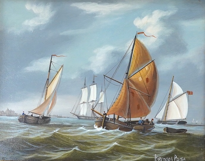 Bernard Page (1927-1988), Contemporary oil on board, Seascape with sailing boats, signed, 19 x 24cm, ornate gilt framed. Condition - good